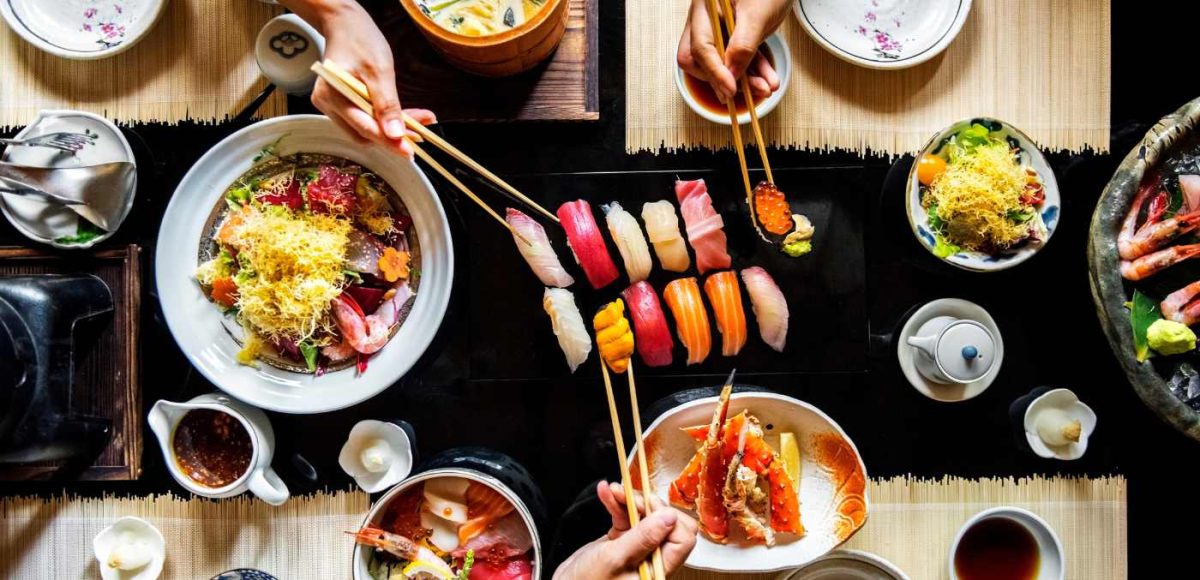 japanese food spread across a table