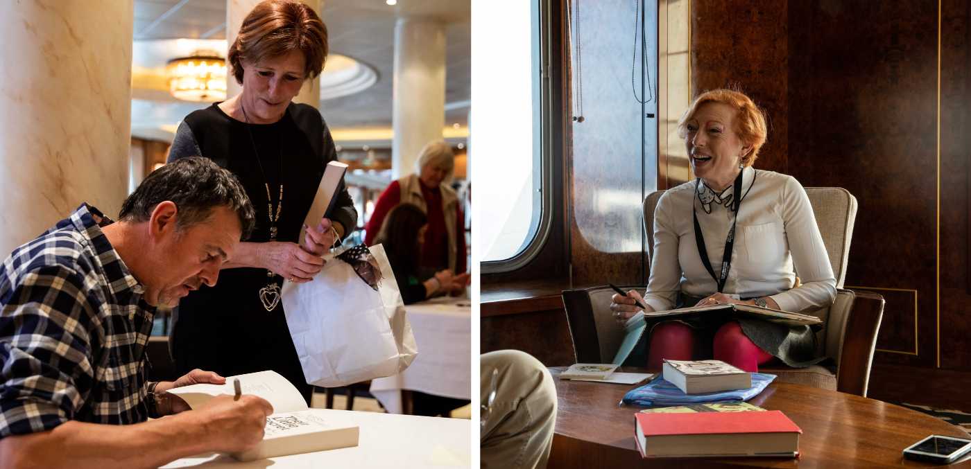 Mark Billingham signing a book and a woman talking while holding books
