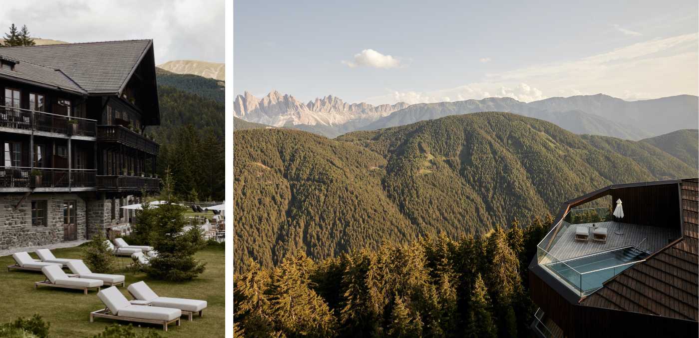 Forestis Dolomites rooftop terrace and loungers.