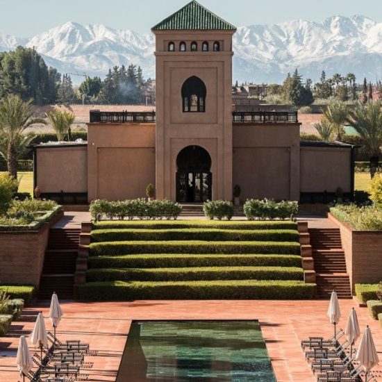 wellness temple with mountains in background