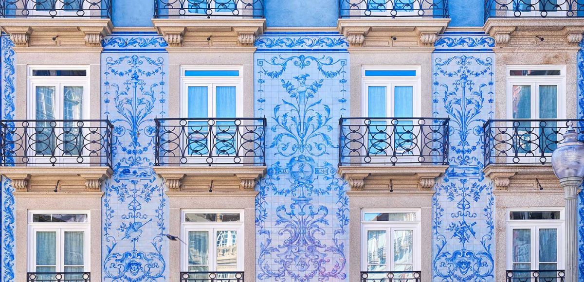 Blue patterned building in Porto, Portugal
