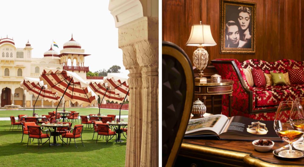 Red and white umbrellas and seating in palace gardens