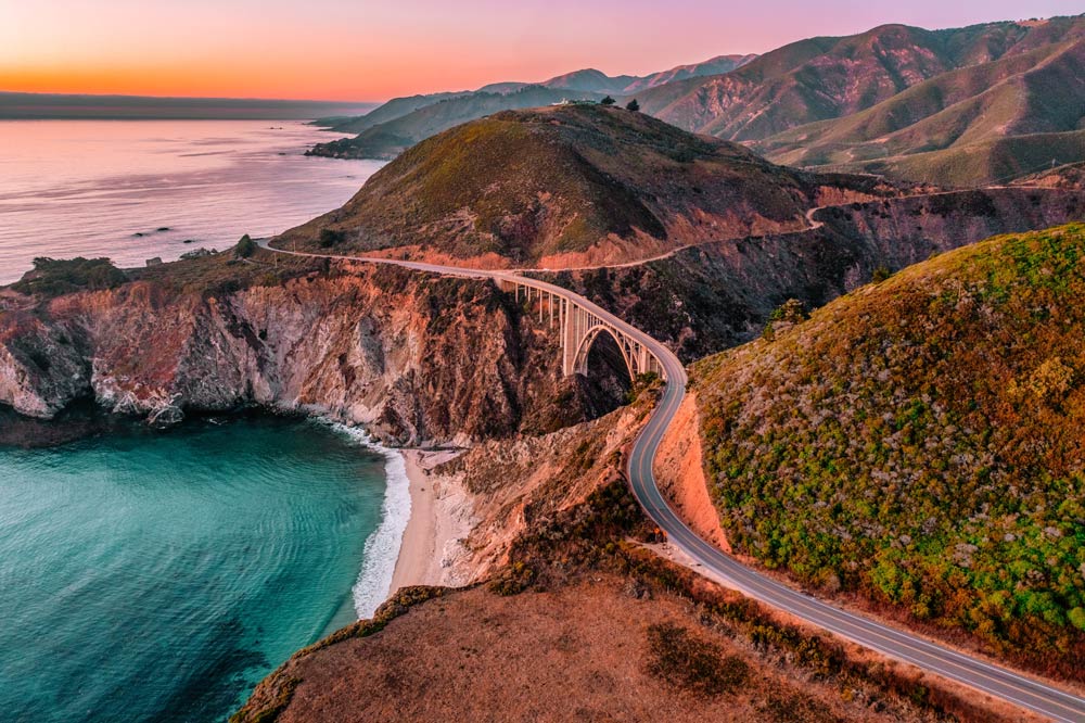 Bixby Bridge on Highway 1 and Big Sur along Pacific Ocean coast